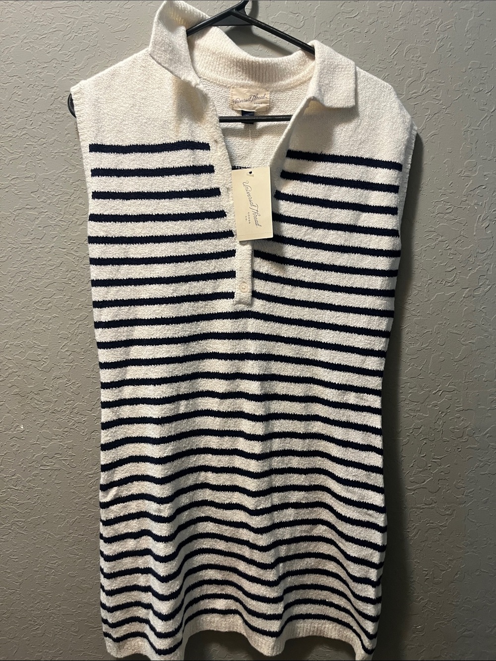 Universal Thread White and Navy Striped Knit Polo Cardigan